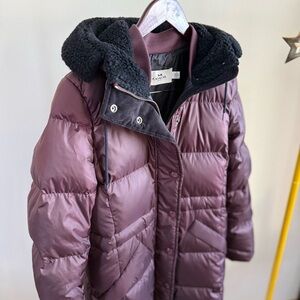 ⭐️ Coach Plum Long Puffer Coat Faux Fur Trim Hood Winter Jacket
